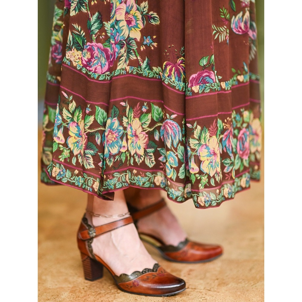 April Cornell Maxi Skirt S Scarborough Georgette Brown Floral Border Cottagecore - Picture 3 of 9